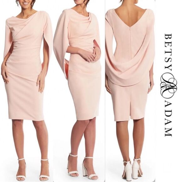 NWT Betsy & Adam | Pink Blush Cape Sleeve Crepe V back Sheath Dress 6 - Picture 1 of 7